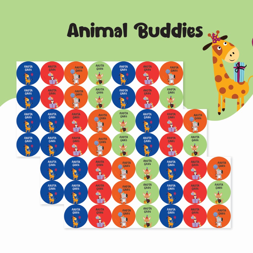 Round waterproof name labels - Animal Buddies