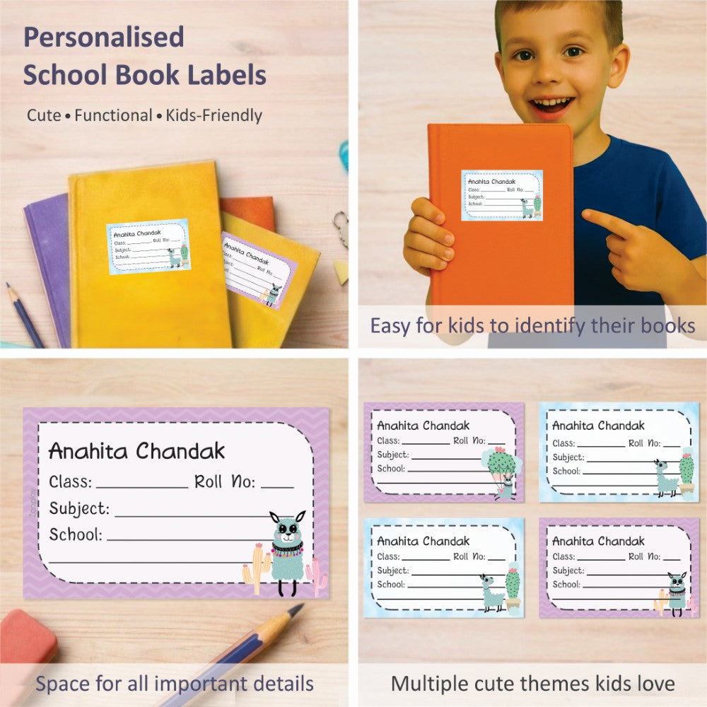 Personalized School Book Labels - Happy Llamas