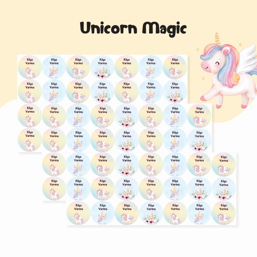 Round waterproof name labels - Unicorn Magic