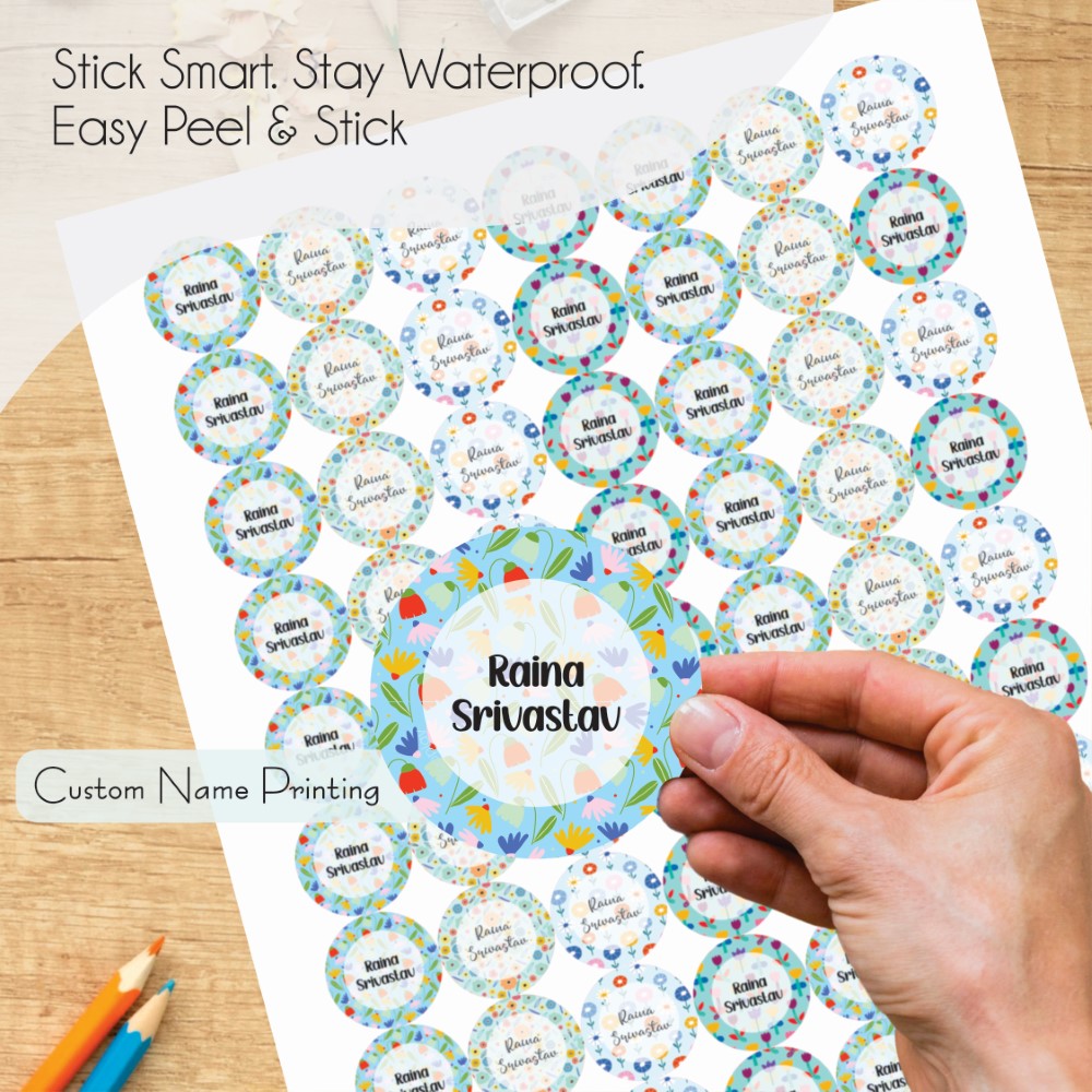 Round waterproof name labels - Flower Garden
