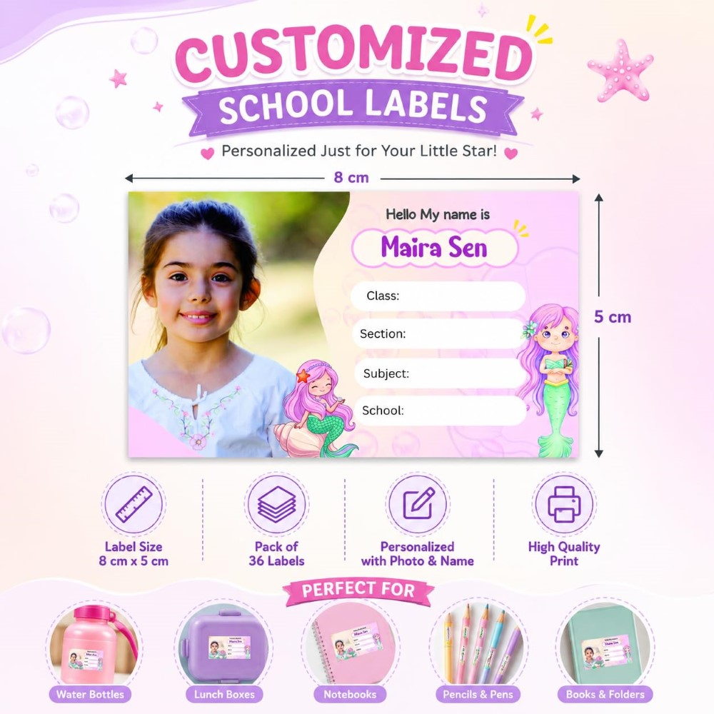 Personalized School Book Labels - Photo Mermaid